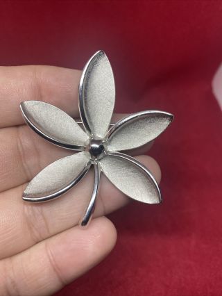 Crown Trifari Brushed Textured Silver Tone Flower Brooch Pin Vintage