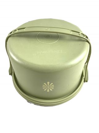 Vtg Tupperware Avocado Olive Green Round Cake Taker Keeper Carrier With Handle