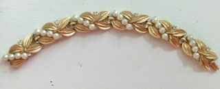 Vtg Signed Crown Trifari Goldtone Leaf Faux Pearl & Rhinestone Link Bracelet