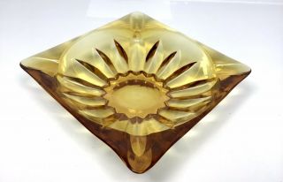 Vintage Large Amber Glass Square Ashtray Sun Flower Bottom 4 Slot Cigarette Mcm