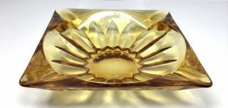 Vintage Large Amber Glass Square Ashtray Sun Flower Bottom 4 Slot Cigarette MCM 3
