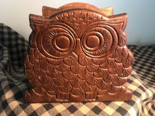 Vintage Carved Wooden Owl Napkin Holder Wood Kitchen Table 6 " X 5 "