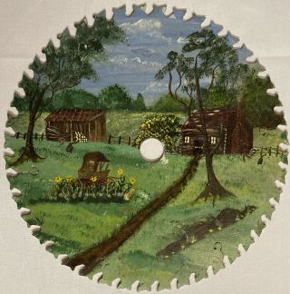 Vintage Hand Painted Circular Saw Blade 12 Inch Old Farm Scene