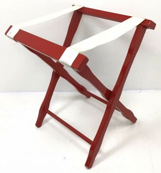 Vtg Folding Wood Hotel Luggage Suitcase Rack Valet Stand Red With White Straps