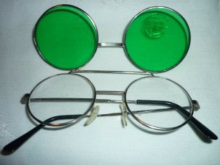 Vintage John Lennon Style Round Fiip Up Green Rimmed Sunglasses