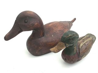 2 Antique Hand Carved Wood Duck Decoys•shorebird•glass Eye•lodge•folk Art•cabin