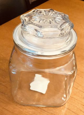 Vintage Anchor Hocking Clear Glass Square Apothecary Storage Jar With Lid 6.  5 