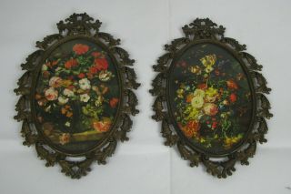 Vintage Set Floral Flowers Print Oval Metal Scroll Picture Frame Made In Italy