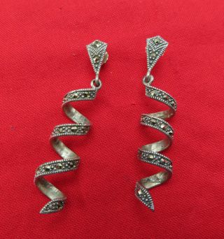 Vintage Sterling Silver Pierced Earrings Marcasites Long Dangle Jewelry 781r
