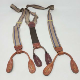 Vintage Mens Tan Blue Striped Suspenders Braces Button Tabs Gold Tone Leather
