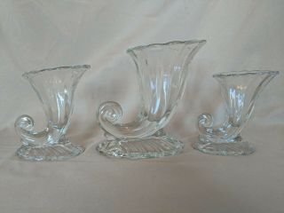 Vintage Crystal Heisey Warwick Horn Of Plenty Cornucopia Vases 1930s.  Set Of 3