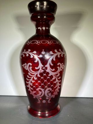 Vintage Egermann Bohemian Glass Ruby Red Hand Cut To Clear Decanter.  Signed.
