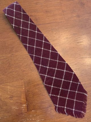 Vtg 1940s 40s Webb Young Trader Wool Maroon Check Fringe Swing Tie Wide 48” 3.  5”