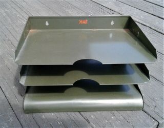 Vintage Weis Metal Green 3 Tier Letter Tray Paper Office Organizer Industrial
