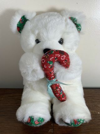 Vintage Christmas Teddy Bear Plush,  1989 Fiesta White Stuffed Animal Candy Cane