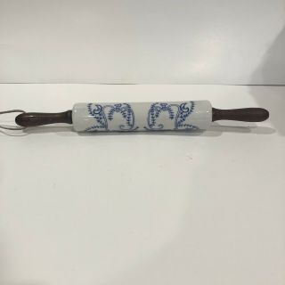Vintage Ceramic Rolling Pin Blue And White With Wooden Handles