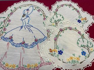 Pretty Crinoline Lady/pink Rose Arbour - Vintage Hand Embroidered Duchess Set