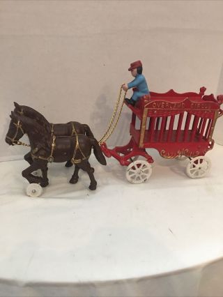 Vintage Cast Iron Overland Circus Horse Drawn Wagon Men Driver