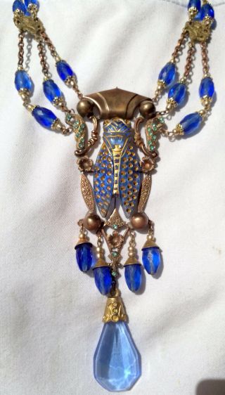 Very Old Art Nouveau Blue Cikade Glass Necklace,  Signed Czechoslovakia