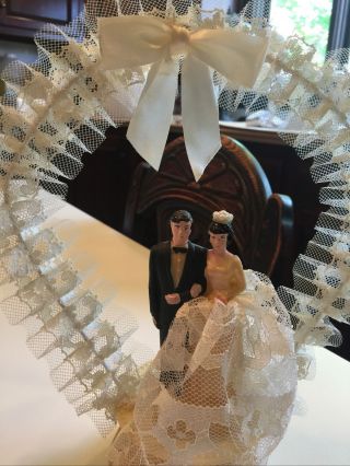 Vtg ‘50s Wedding Topper Bride Groom 10” Tall Tulle Plastic Black Tie Brunettes