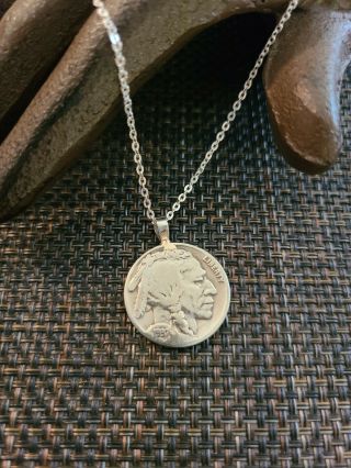 Vintage 18 Inch Sterling Silver Necklace With 1937 Buffalo Nickel Pendant