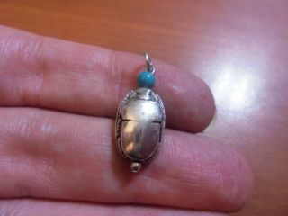 Vtg Sterling Silver Egyptian Scarab Beetle Turquoise Charm Pendant 3.  7 Grams