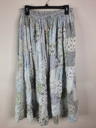 Vintage Boho Patchwork Floral Mixed Print Midi Skirt Elastic Waist Size