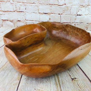 Vtg Hand Carved Wood Bowl Two Compartment Section Serving Cabin Farmhouse Decor