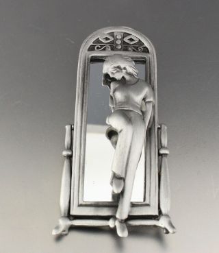 Vintage 70’s Pewter Tone Lady Mirror Brooch Pin Signed Ajc