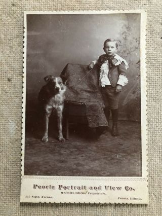 Vintage Cabinet Card Photograph Dog And His Boy Peoria,  Illinois Mathis Bros.