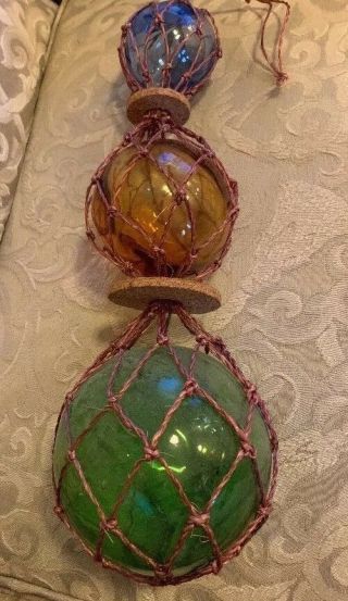 Vintage 2 " 3 " 4 " Hand Blown Glass Fishing Floats In Net - Blue,  Amber,  Green