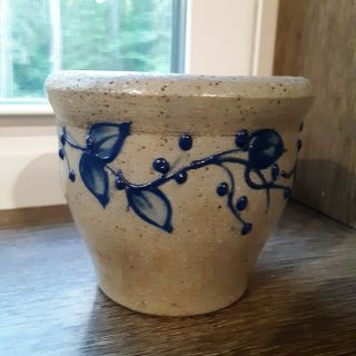 Vintage Small Stoneware Bowl Crock Raised Blueberry Branches Salt Glaze Pottery
