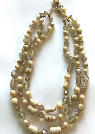Vintage Choker Style Necklace - Gold Tone - 3 Strands - Beige & Brown Beads