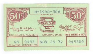 Vintage Pennsylvania State 50¢ Lottery Ticket - November 1972 - First Year