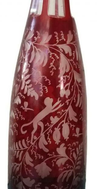 Vtg Bohemian Ruby Red Cut To Clear Glass Wine Decanter Bottle Monkey Parrot Bird
