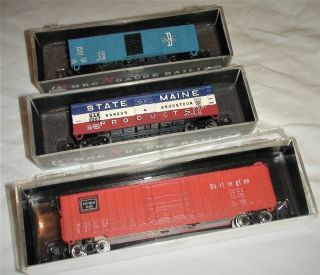 Vintage N Scale Mrc Boxcars B&m State Of Maine Burlington 3 In Boxes