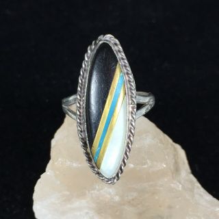 Vintage Sterling Silver Old Pawn Ring Inlay Onyx Turquoise Mop Signed F Sz 5.  5