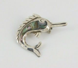 Vintage Taxco Mexico 925 Sterling Silver Marlin Abalone Fish Pin Signed