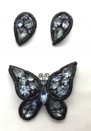 Vintage Signed Weiss Lt Blue Rhinestone Butterfly Brooch & Earrings