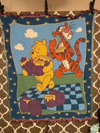 Vintage Winnie The Pooh Tigger Blanket Throw Disney Beacon Fringed Tapestry Vtg