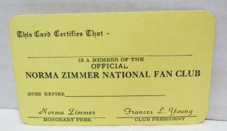 Norma Zimmer Fan Club Membership Card Vintage Lawrence Welk Champagne Lady