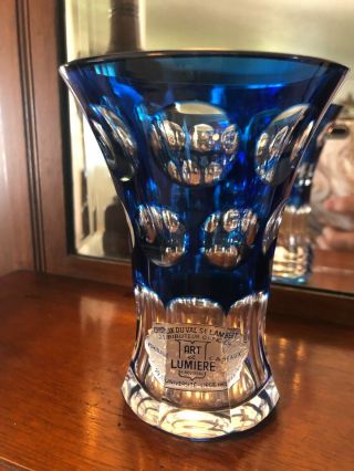 Vintage Val St Lambert Cobalt Blue Polka Dot Cut To Clear Bud Vase