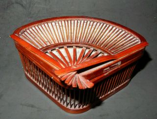 Vintage Asian Handmade Bamboo Wood Fan Shape Cricket Cage Box 5 " Wide X 2 " Tall
