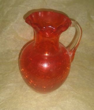 Vintage Orange Crackle & Clear Applied Handle Glass Creamer Pitcher Ruffle Top