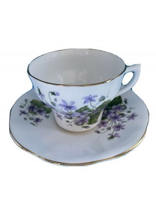 Vintage Rosina Bone China Teacup And Saucer Purple Posies Flowers White England