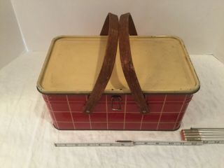 Vintage Red Plaid Golden Cookies Metal Picnic Basket Wooden Handles Fast Ship