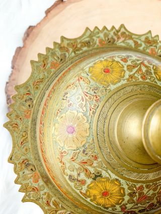 VTG Incense Burner Etched Brass Bowl Lid Yellow Red Painted Floral Made in India 2