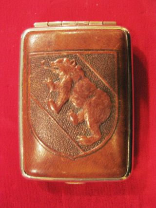 Vintage Leather & Painted Metal Match Holder Vesta Case With Bear