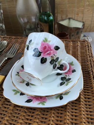Vintage English Fine Porcelain Clarence Tea Cup Saucer Plate Trio Roses