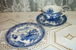 Vintage 30s Chic Japan Blue White Transferware Cup Saucer Shabby Dutch Windmill